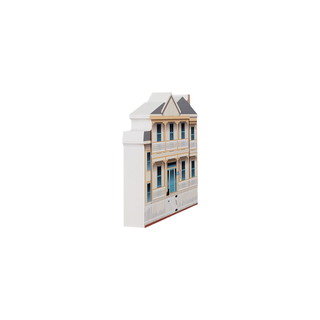 3/4" wooden replica with an illustration of a two story house that is yellow and blue with decorative trim 