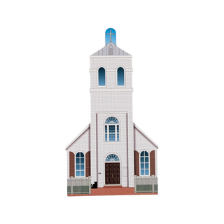 3/4" wooden replica with an illustration of a white church with wooden doors