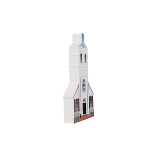 3/4" wooden replica with an illustration of a white church with tall steeple 