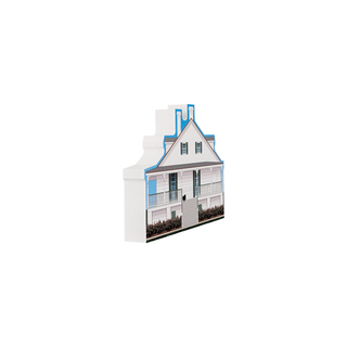 3/4" wooden replica with an illustration of a white exterior and blue accents on a white background