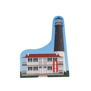 3/4" wooden replica with an illustration of a Lighthouse cutout with a house attached on a white background