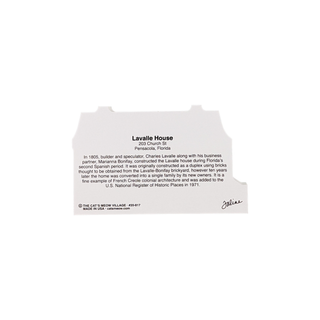 back of product with black text about Lavalle House on a white background
