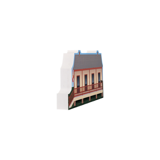 3/4" wooden replica with an illustration of a tan house with red accents 