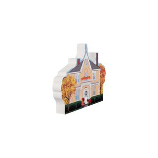 3/4" wooden replica with an illustration of a house with autumn scenery on a white background