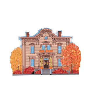 3/4" wooden replica with an illustration of a large house with autumn trees on a white background