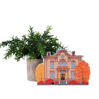 Decorative planter with a house design and green plant on a white background
