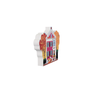 3/4" wooden replica with an illustration of  a house with colorful autumn design on a white background