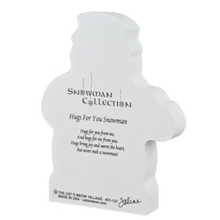 A white snowman-shaped wooden replica with printed text from The Cat's Meow Collection, including the poem 'Hugs For You Snowman' and a signature, shown on a plain white background.