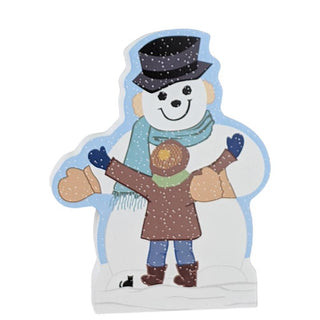 3/4" thick wooden replica with an Illustration featuring a smiling snowman holding a child, with a black top hat, blue scarf, brown coat, and blue boots on a white snowy background.