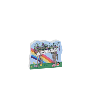 3/4" thick wooden replica with an illustration of a Colorful sign with rainbow and garden design on a white background