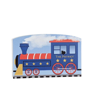 3/4" Wooden replica with an illustration of a train caboose with the words "the patriot" on it