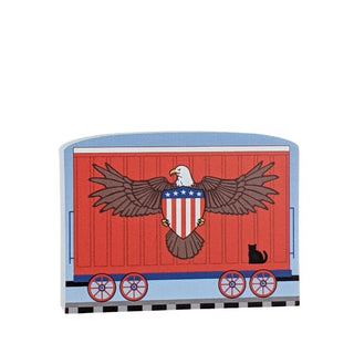 3/4" Wooden replica with a  train car with an eagle emblem on a white background