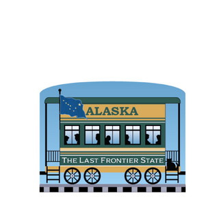 3/4" Wooden replica with a  Illustration of a train car with 'Alaska' and 'The Last Frontier State' text on a white background
