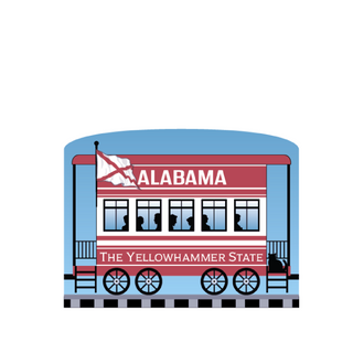 3/4" Wooden replica with a  Illustration of a train car with 'Alabama' and 'The Yellowhammer State' text on a white background