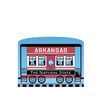 3/4" Wooden replica with a Illustration of a train car with 'Arkansas' and 'The Natural State' text on a white background