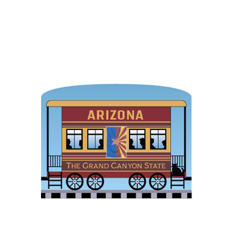 3/4" Wooden replica with a  Illustration of a train car with 'Arizona: The Grand Canyon State' text on a white background