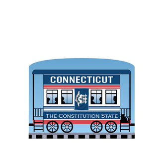 3/4" Wooden replica with a  Illustration of a train car with 'Connecticut' and 'The Constitution State' text on a white background