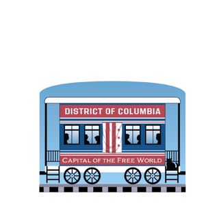 3/4" Wooden replica with a Illustration of a train car with 'District of Columbia' and 'Capital of the Free World' text on a white background
