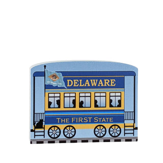 3/4" Wooden replica with a  Delaware-themed train car design on a white background