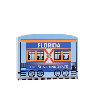 3/4" Wooden replica with a illustrated train car with 'Florida The Sunshine State' text on a white background