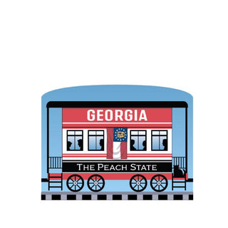 3/4" Wooden replica with a Illustration of a train car with 'Georgia' and 'The Peach State' text on a white background