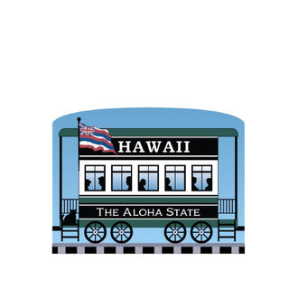 3/4" Wooden replica with a illustration of a train car labeled 'Hawaii The Aloha State' with a Hawaiian flag.