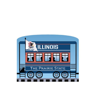 3/4" Wooden replica with a Illustration of a train car with 'Illinois' and 'The Prairie State' text on a white background