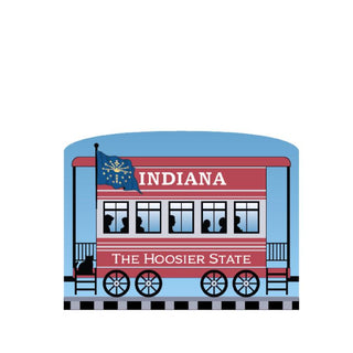 3/4" Wooden replica with a Illustration of a train car with 'Indiana' and 'The Hoosier State' text on a white background