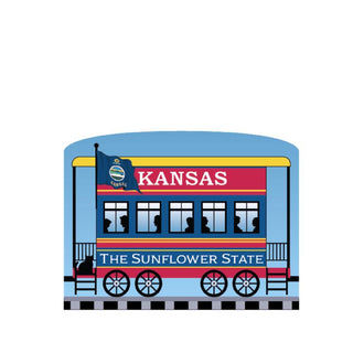 3/4" Wooden replica with a Illustration of a train car labeled 'Kansas: The Sunflower State' with a blue sky background.