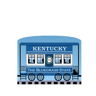 3/4" Wooden replica with an illustration of aBlue train car with 'Kentucky The Bluegrass State' text on a white background
