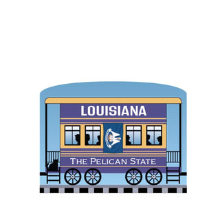 3/4" Wooden replica with a Illustration of a train car labeled 'Louisiana: The Pelican State' on a white background