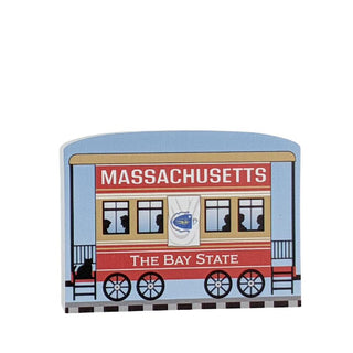 3/4" Wooden replica with a illustration of a train car with 'Massachusetts The Bay State' text on a white background