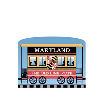 3/4" Wooden replica with a Illustration of a train car with 'Maryland' and 'The Old Line State' text on a white background
