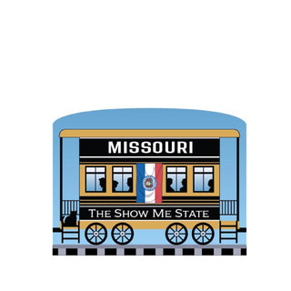 3/4" Wooden replica with a Illustration of a train car with 'Missouri The Show Me State' text on a white background