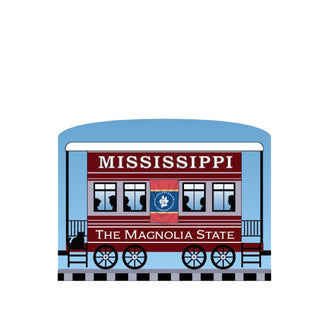 3/4" Wooden replica with a Illustration of a train car labeled 'Mississippi, The Magnolia State' on a white background