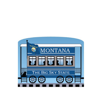 3/4" Wooden replica with a Blue train car with 'Montana' and 'The Big Sky State' text on a white background
