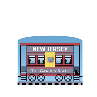3/4" Wooden replica with a Illustration of a train car with 'New Jersey' and 'The Garden State' text on a white background
