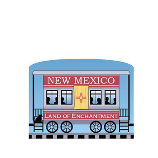 3/4" Wooden replica with a Illustration of a train car with 'New Mexico Land of Enchantment' text on a white background