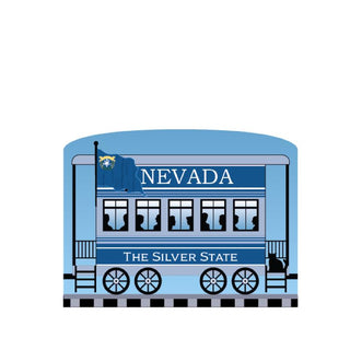 3/4" Wooden replica with a Blue train car with 'Nevada' and 'The Silver State' text on a white background