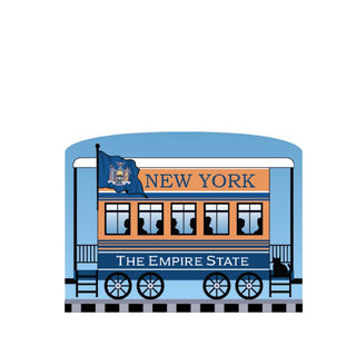 3/4" Wooden replica with a Illustration of a blue train car with 'New York' and 'The Empire State' text on a white background