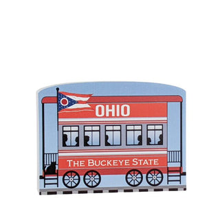 3/4" Wooden replica with a illustration of a train car with 'Ohio' and 'The Buckeye State' text on a white background