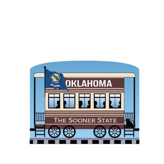 3/4" Wooden replica with a Illustration of a train car with 'Oklahoma' and 'The Sooner State' text on a white background