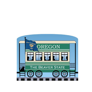 3/4" Wooden replica with a Illustration of a train car with 'Oregon' and 'The Beaver State' text on a white background