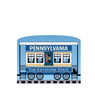 3/4" Wooden replica with a Blue train car with 'Pennsylvania The Keystone State' text on a white background