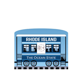 3/4" Wooden replica with a Blue train car with 'Rhode Island The Ocean State' text on a white background