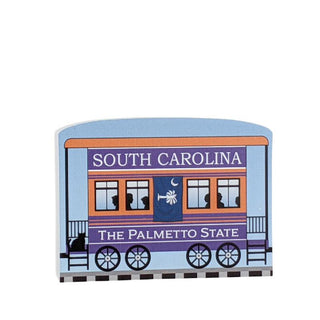 3/4" Wooden replica with a Illustration with a train car design featuring 'South Carolina' and 'The Palmetto State' text on a white background.