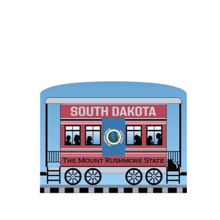 3/4" Wooden replica with a Illustration of a train car with 'South Dakota' and 'The Mount Rushmore State' text on a white background