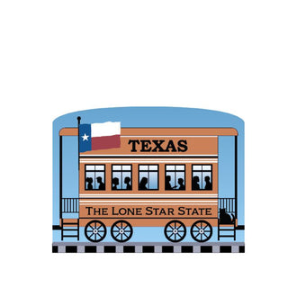 3/4" Wooden replica with a Illustration of a train car with 'Texas' and 'The Lone Star State' text on a white background