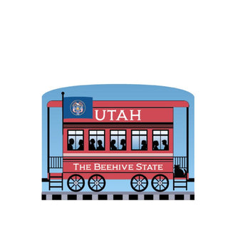 3/4" Wooden replica with a Illustration of a train car with 'Utah' and 'The Beehive State' text on a white background