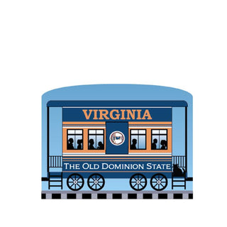 3/4" Wooden replica with a Illustration of a train car labeled 'Virginia: The Old Dominion State' on a white background